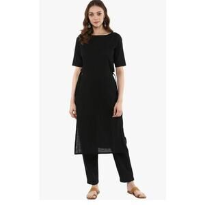 Idalia A-Line Kurta Dress Large Black Side Tie Lagenlook Minimalist Preppy NWT